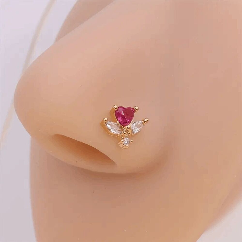 Heart Gold Plated Ruby Diamond Nose Ring